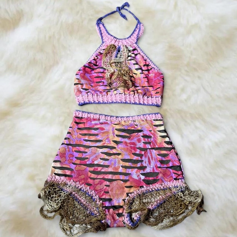 Bubble Gunk by Hildi Goulleur Y2K Crochet Halter Top Shorts Set Pink Purple XS S